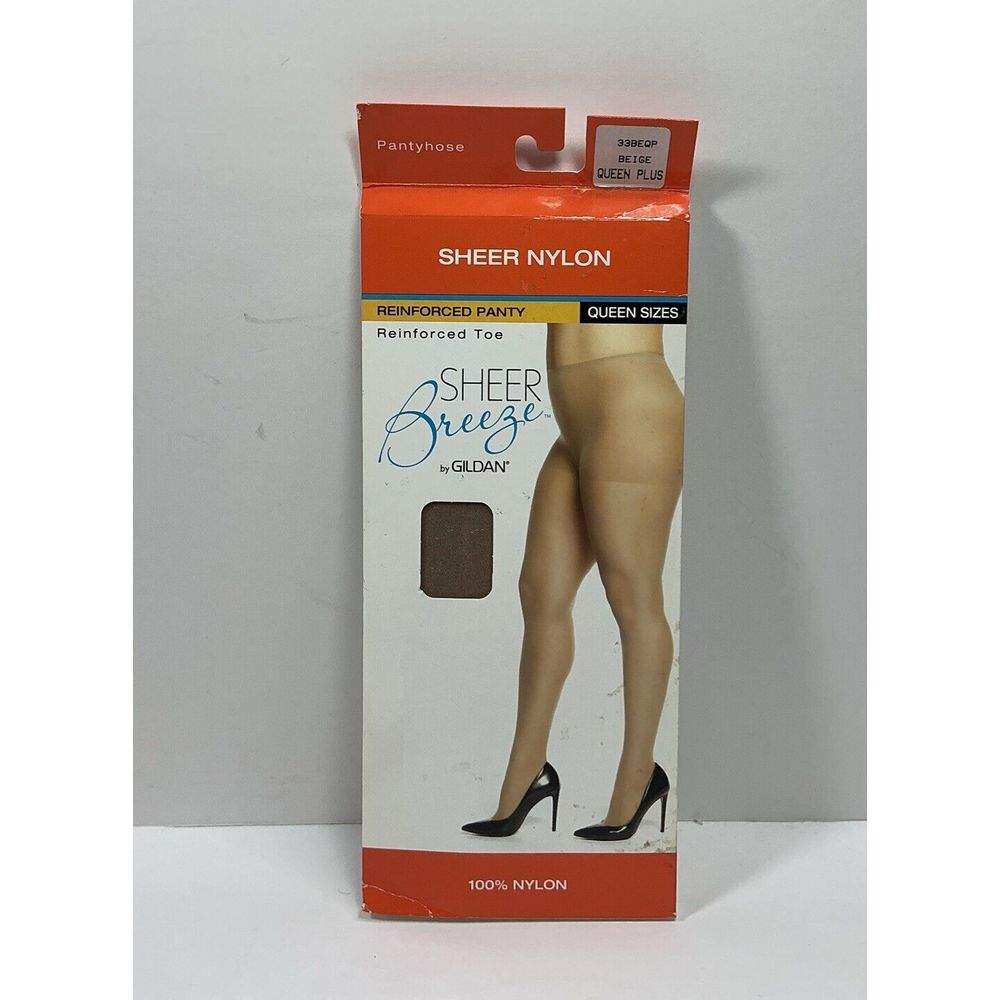 Sheer Breeze Gildan Sheer Nylon Reinforced Pantyhose Queen Size Beige New